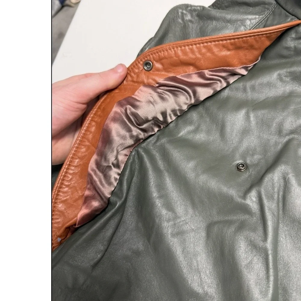 Vintage‎ Olive Green Leather Bomber Jacket Brown Trim Full Zip Mens XL